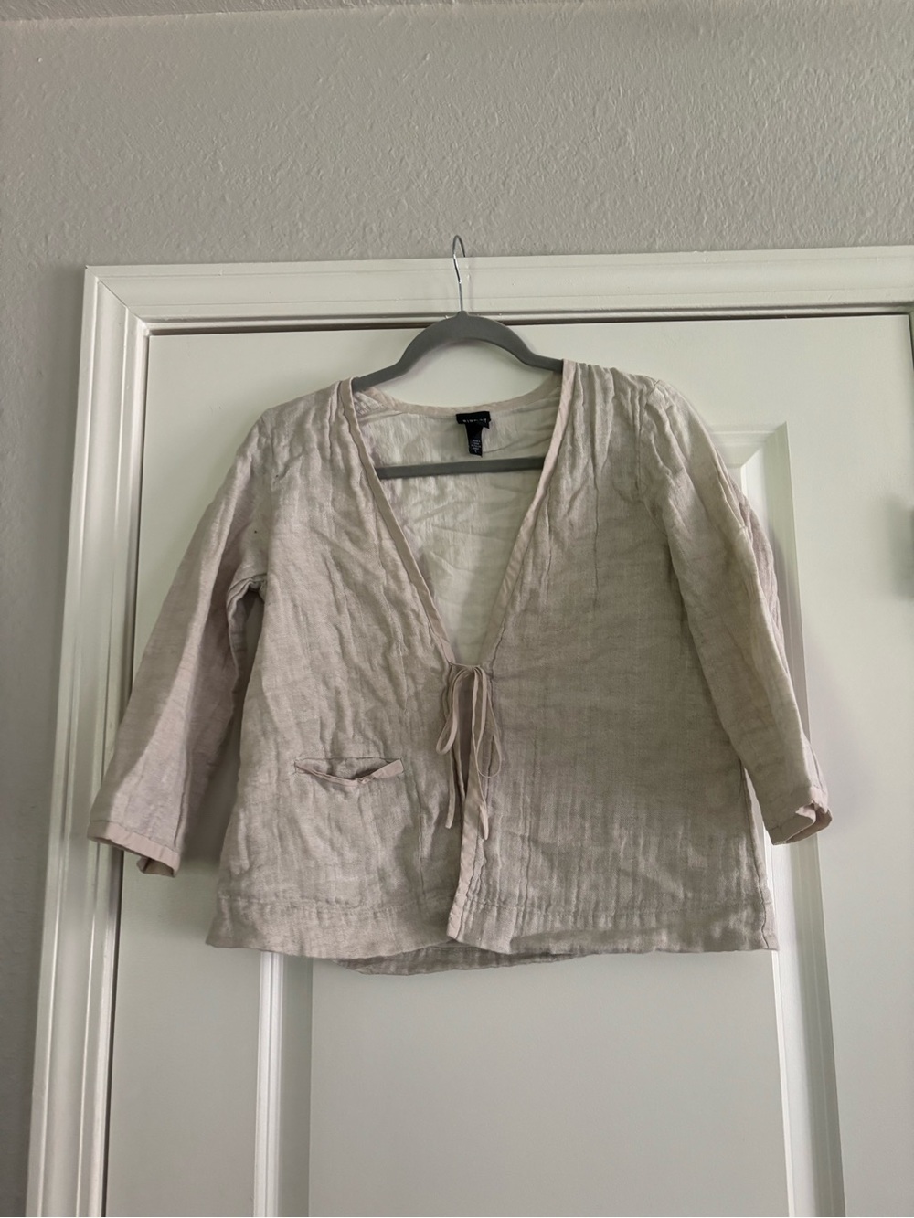 Eileen Fisher Light Beige Costal Tie-Front Linen Blend 3/4 Sleeve Size Small